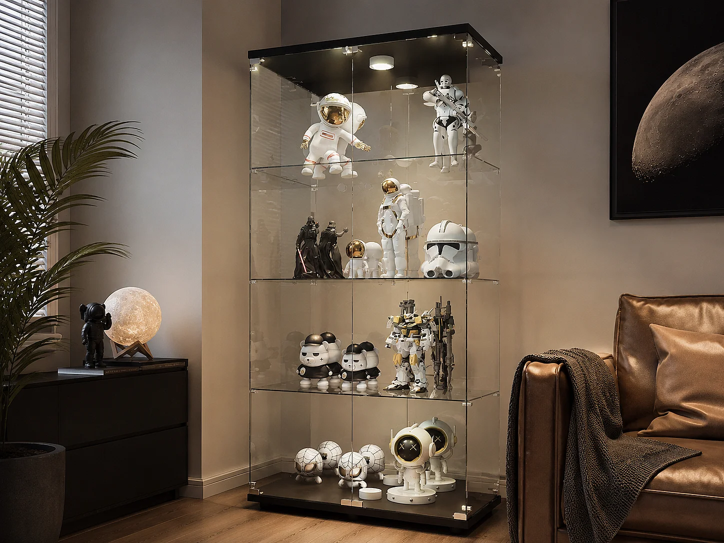 Vitrine en verre à quatre couches avec éclairage LED, double porte, vitrine sécurisée, disponible en noir