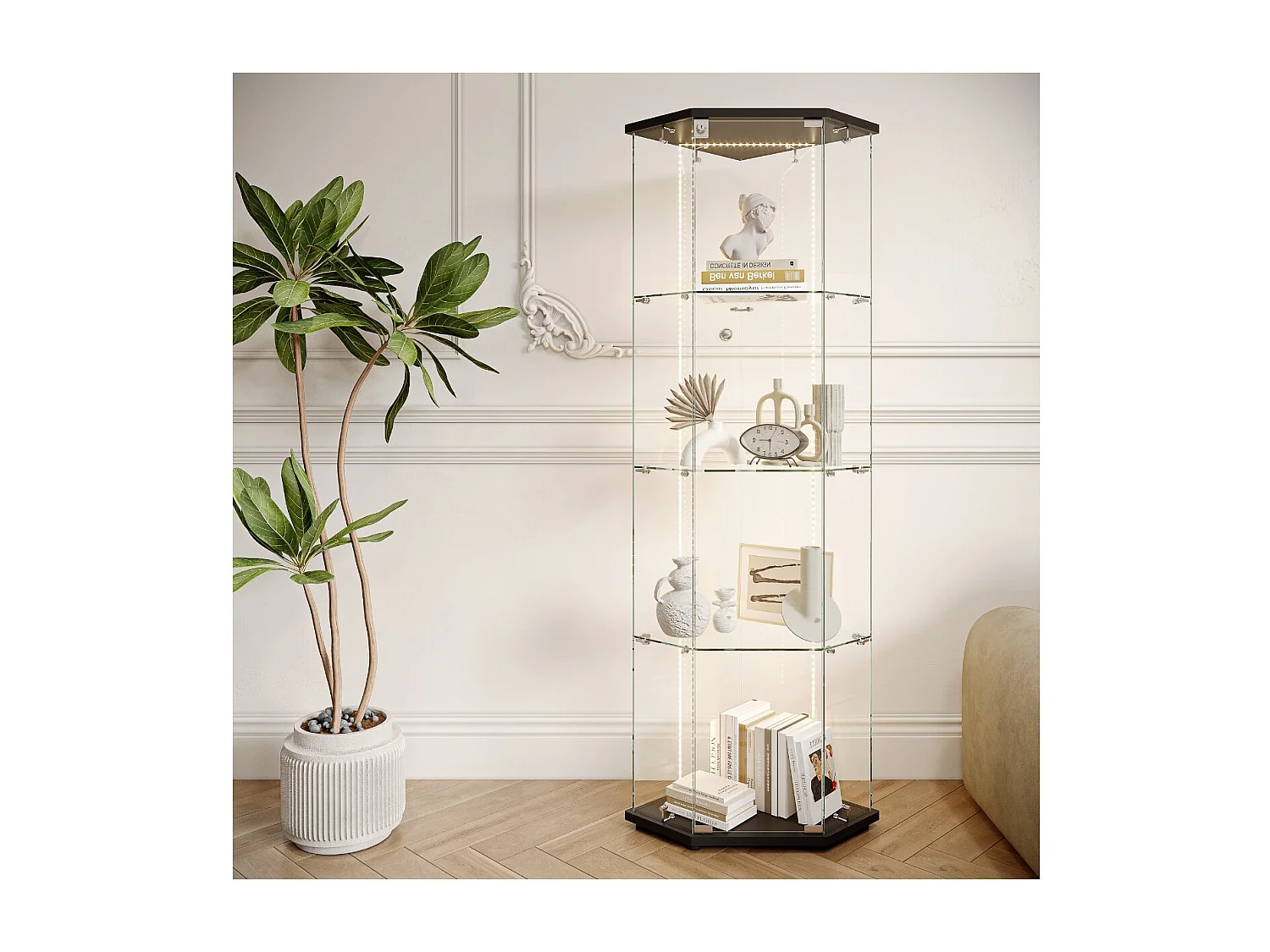 Vitrine d’angle 1 porte en verre avec LED, meuble vitrine 4 niveaux noir pour salon et collection