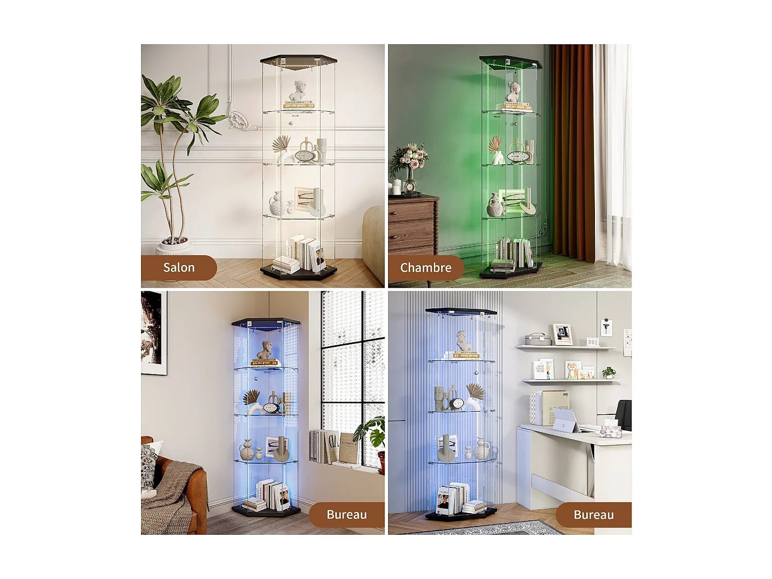 Vitrine d’angle 1 porte en verre avec LED, meuble vitrine 4 niveaux noir pour salon et collection