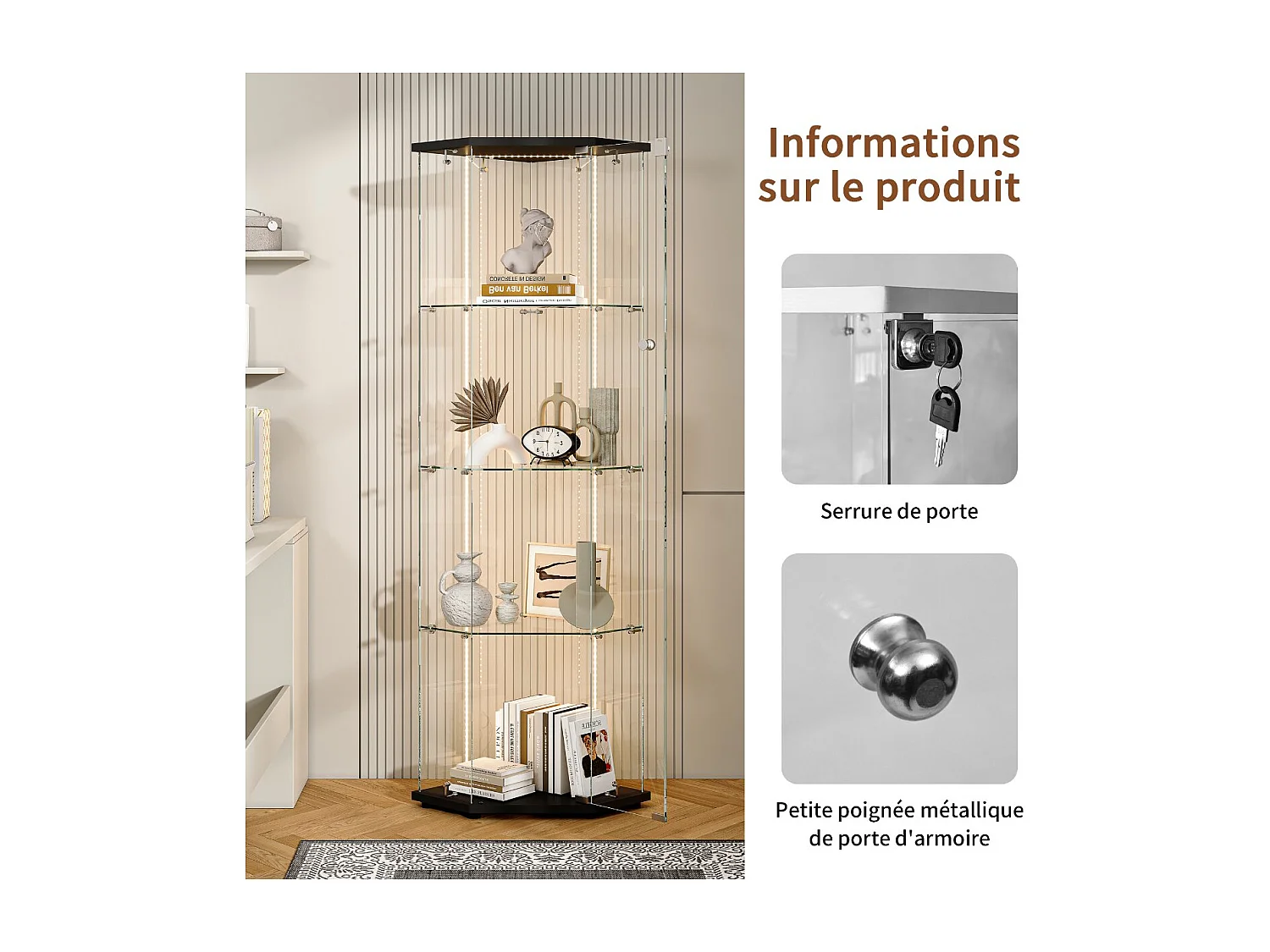 Vitrine d’angle 1 porte en verre avec LED, meuble vitrine 4 niveaux noir pour salon et collection