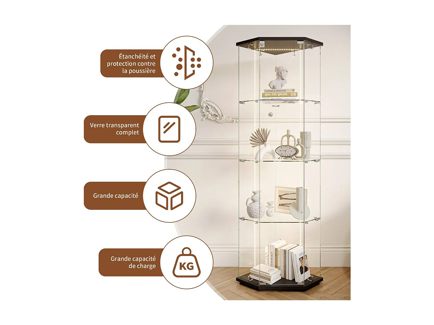 Vitrine d’angle 1 porte en verre avec LED, meuble vitrine 4 niveaux noir pour salon et collection