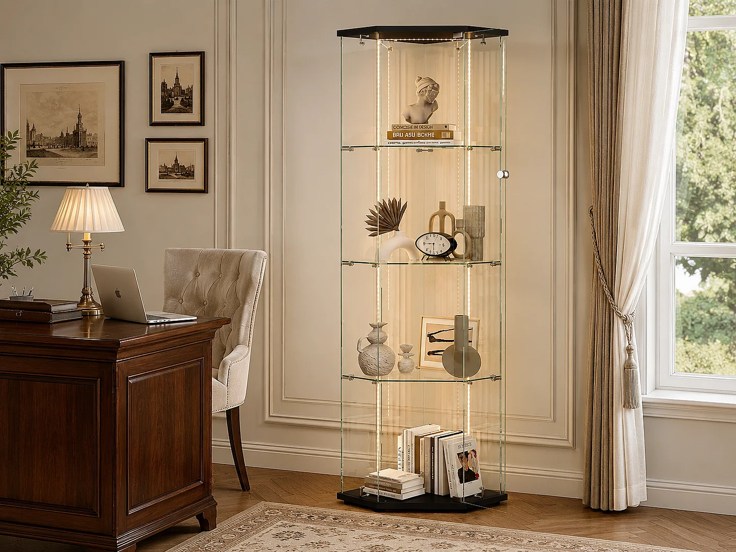 Vitrine d’angle 1 porte en verre avec LED, meuble vitrine 4 niveaux noir pour salon et collection
