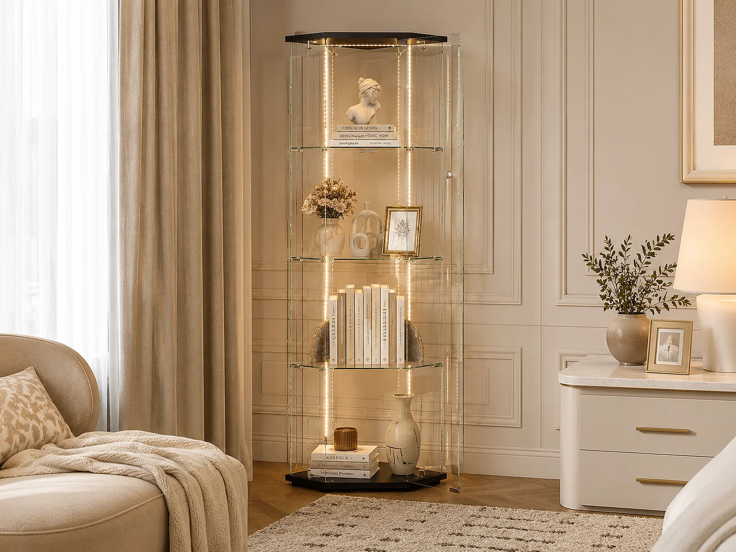 Vitrine d’angle 1 porte en verre avec LED, meuble vitrine 4 niveaux noir pour salon et collection