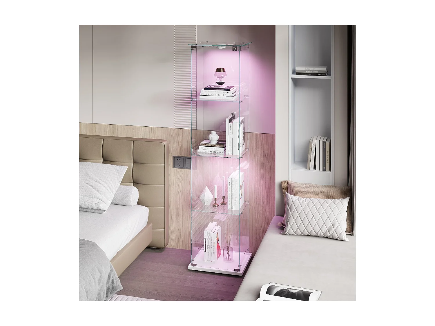 Vitrine en verre avec LED, armoire vitrée 4 étagères, meuble vitrine transparent salon, bibliothèque vitrée，blanc