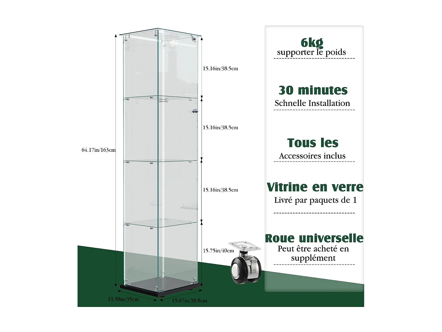 Vitrine en verre avec LED, armoire vitrée 4 étagères, meuble vitrine transparent salon, bibliothèque vitréenoir.