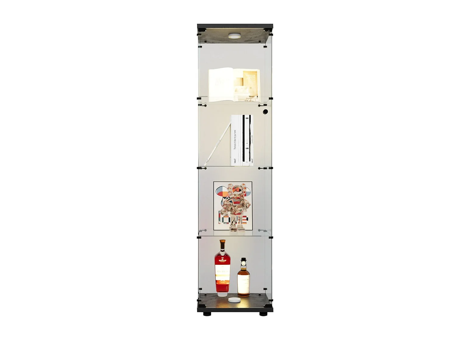 Vitrine en Verre avec LED, Armoir de Vitrine pour Collection Moderne avec 1 Portes et 4 étagères en Verre ESG, pour Le Bar, Le Salon, 166 x 45 x 15 cm, Noir