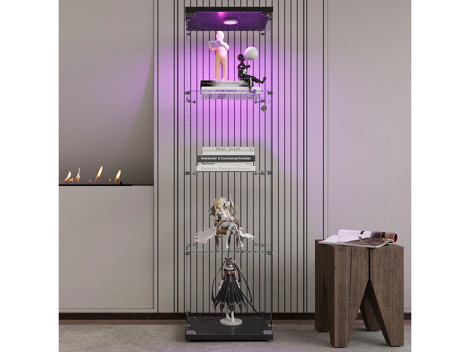 Vitrine en Verre avec LED, Armoir de Vitrine pour Collection Moderne avec 1 Portes et 4 étagères en Verre ESG, pour Le Bar, Le Salon, 166 x 45 x 15 cm, Noir