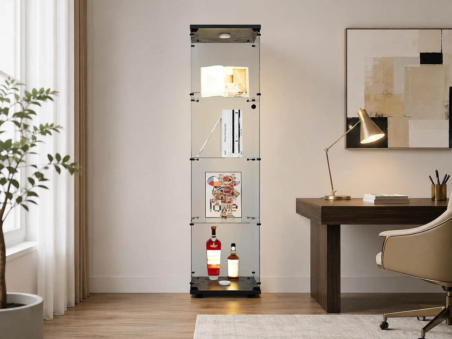 Vitrine en Verre avec LED, Armoir de Vitrine pour Collection Moderne avec 1 Portes et 4 étagères en Verre ESG, pour Le Bar, Le Salon, 166 x 45 x 15 cm, Noir