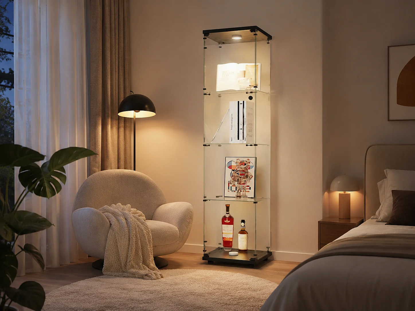 Vitrine en Verre avec LED, Armoir de Vitrine pour Collection Moderne avec 1 Portes et 4 étagères en Verre ESG, pour Le Bar, Le Salon, 166 x 45 x 15 cm, Noir