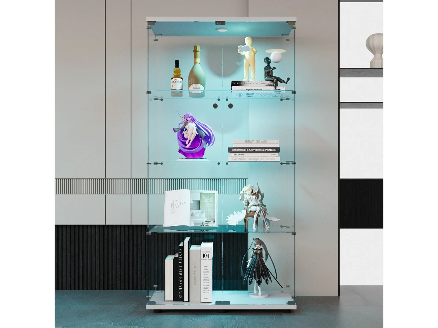 Vitrine en Verre avec LED, Armoir de Vitrine pour Collection Moderne avec 2 Portes et 4 étagères en Verre ESG, pour Le Bar, Le Salon, 166 x 45 x 14 cm, Blanc