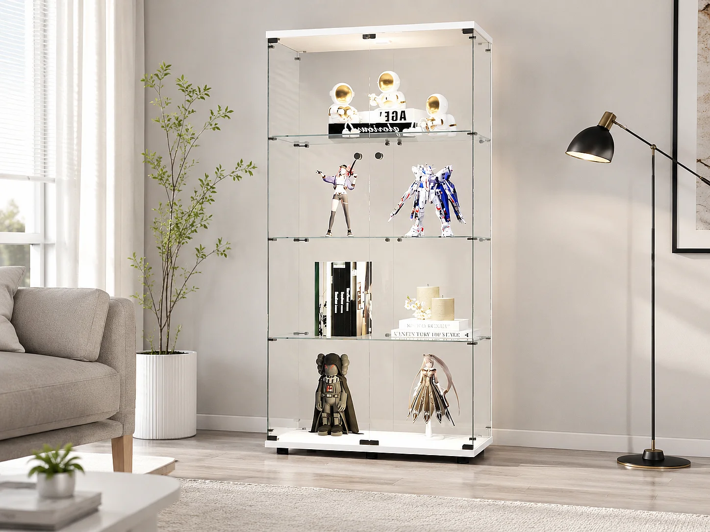 Vitrine en Verre avec LED, Armoir de Vitrine pour Collection Moderne avec 2 Portes et 4 étagères en Verre ESG, pour Le Bar, Le Salon, 166 x 45 x 14 cm, Blanc