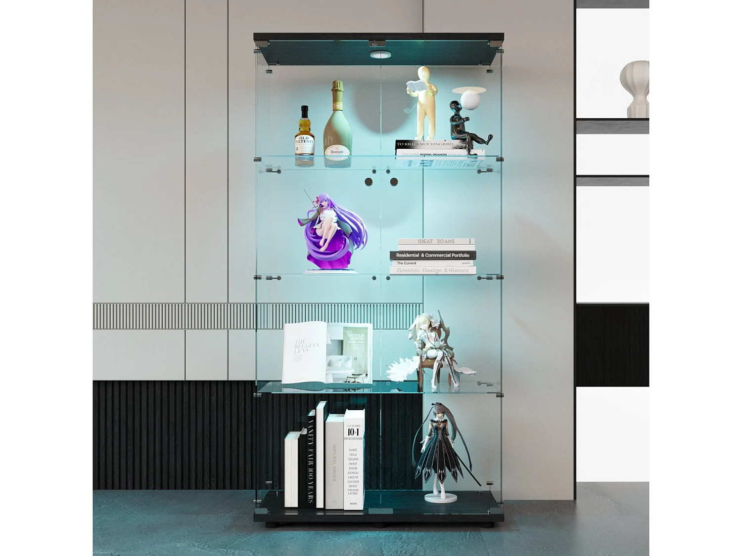 Vitrine en Verre avec LED, Armoir de Vitrine pour Collection Moderne avec 2 Portes et 4 étagères en Verre ESG, pour Le Bar, Le Salon, 166 x 45 x 14 cm, Noir
