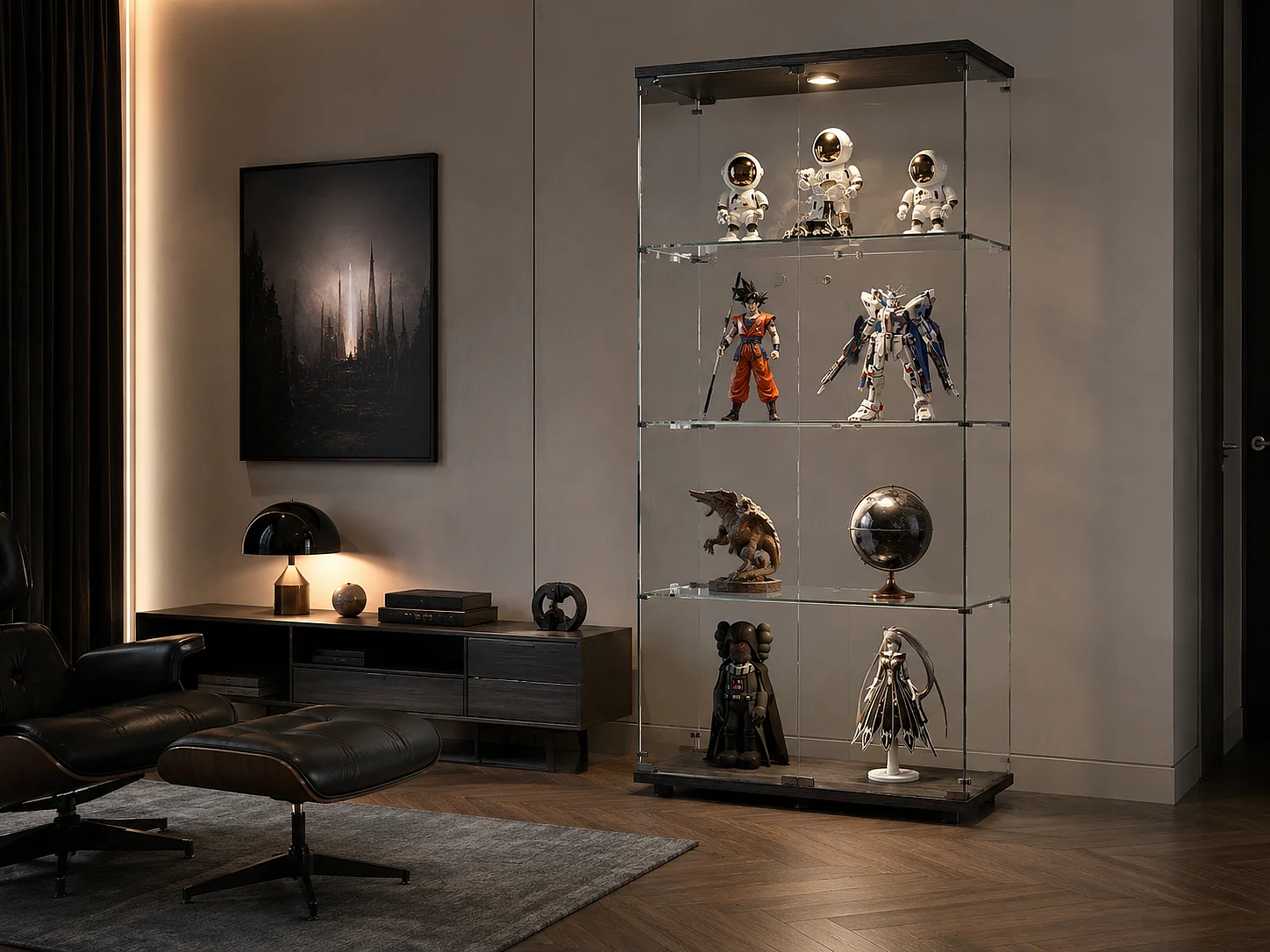 Vitrine en Verre avec LED, Armoir de Vitrine pour Collection Moderne avec 2 Portes et 4 étagères en Verre ESG, pour Le Bar, Le Salon, 166 x 45 x 14 cm, Noir