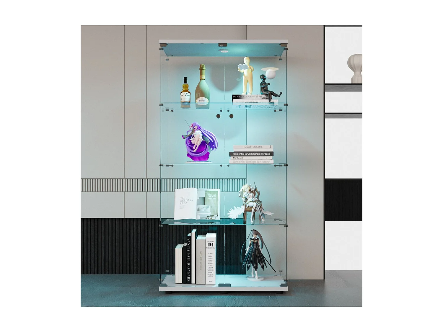 Vitrine en verre à quatre couches avec éclairage LED, double porte, vitrine sécurisée, disponible en blanc