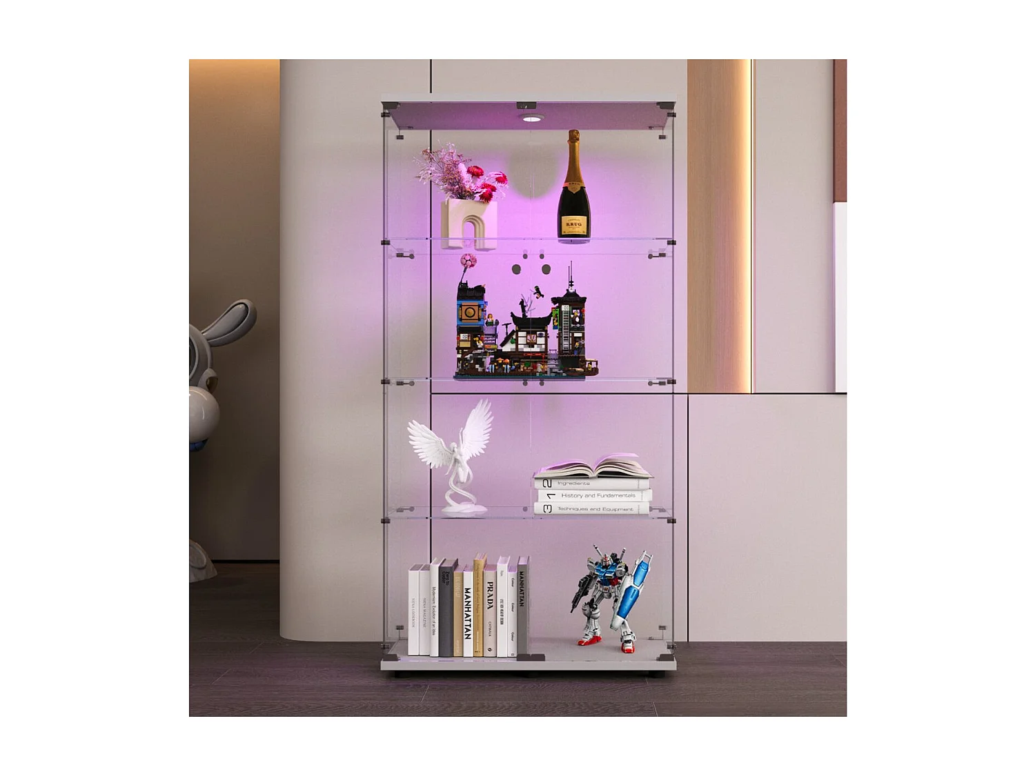 Vitrine en verre à quatre couches avec éclairage LED, double porte, vitrine sécurisée, disponible en blanc
