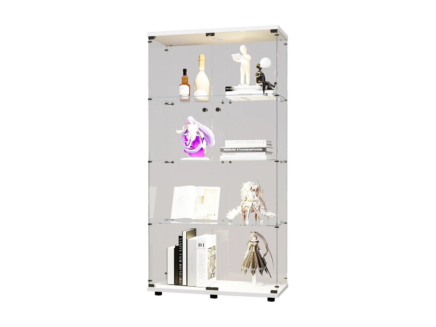 Vitrine en verre à quatre couches avec éclairage LED, double porte, vitrine sécurisée, disponible en blanc
