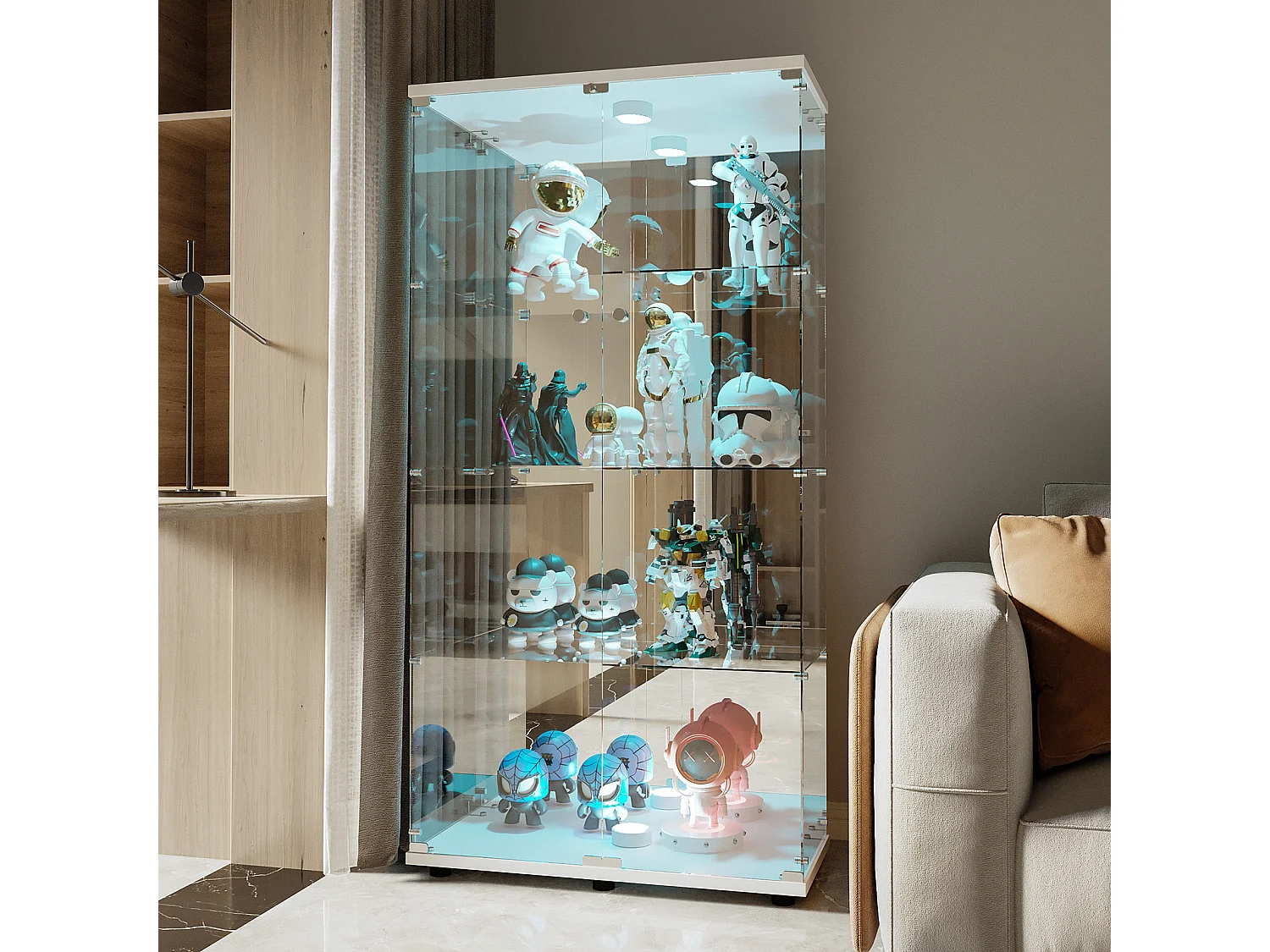 Vitrine en verre à quatre couches avec éclairage LED, double porte, vitrine sécurisée, disponible en blanc