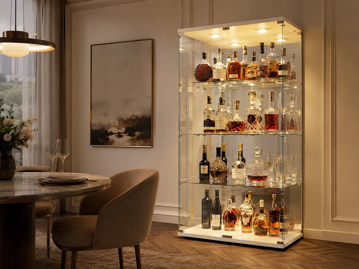 Vitrine en verre à quatre couches avec éclairage LED, double porte, vitrine sécurisée, disponible en blanc