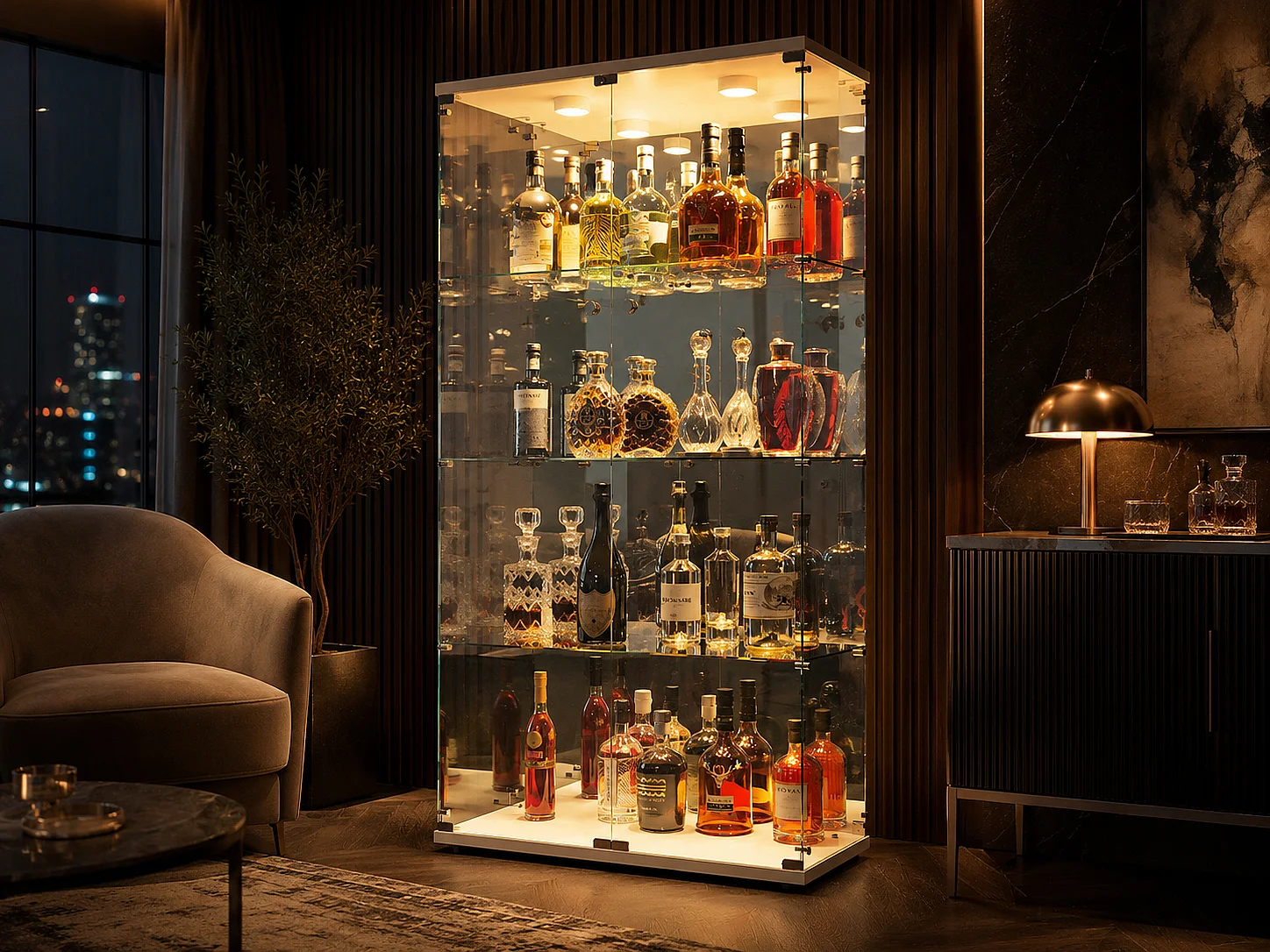 Vitrine en verre à quatre couches avec éclairage LED, double porte, vitrine sécurisée, disponible en blanc