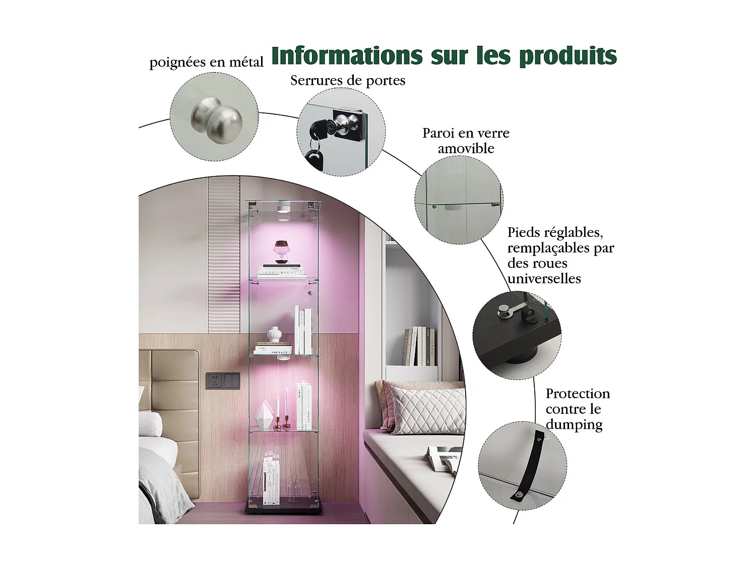 Vitrine en verre avec LED, armoire vitrée 4 étagères, meuble vitrine transparent salon, bibliothèque vitréenoir.