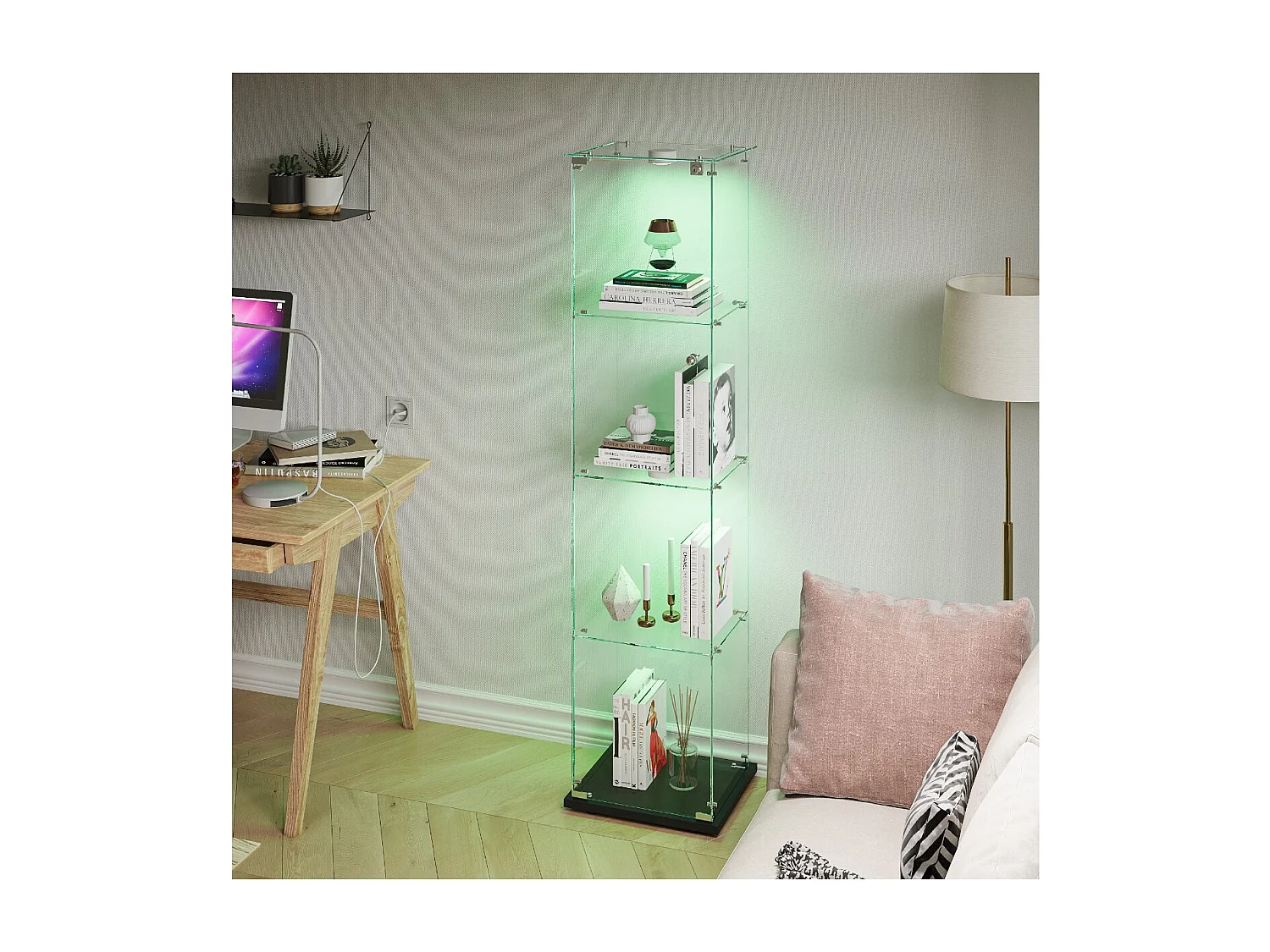 Vitrine en verre avec LED, armoire vitrée 4 étagères, meuble vitrine transparent salon, bibliothèque vitréenoir.