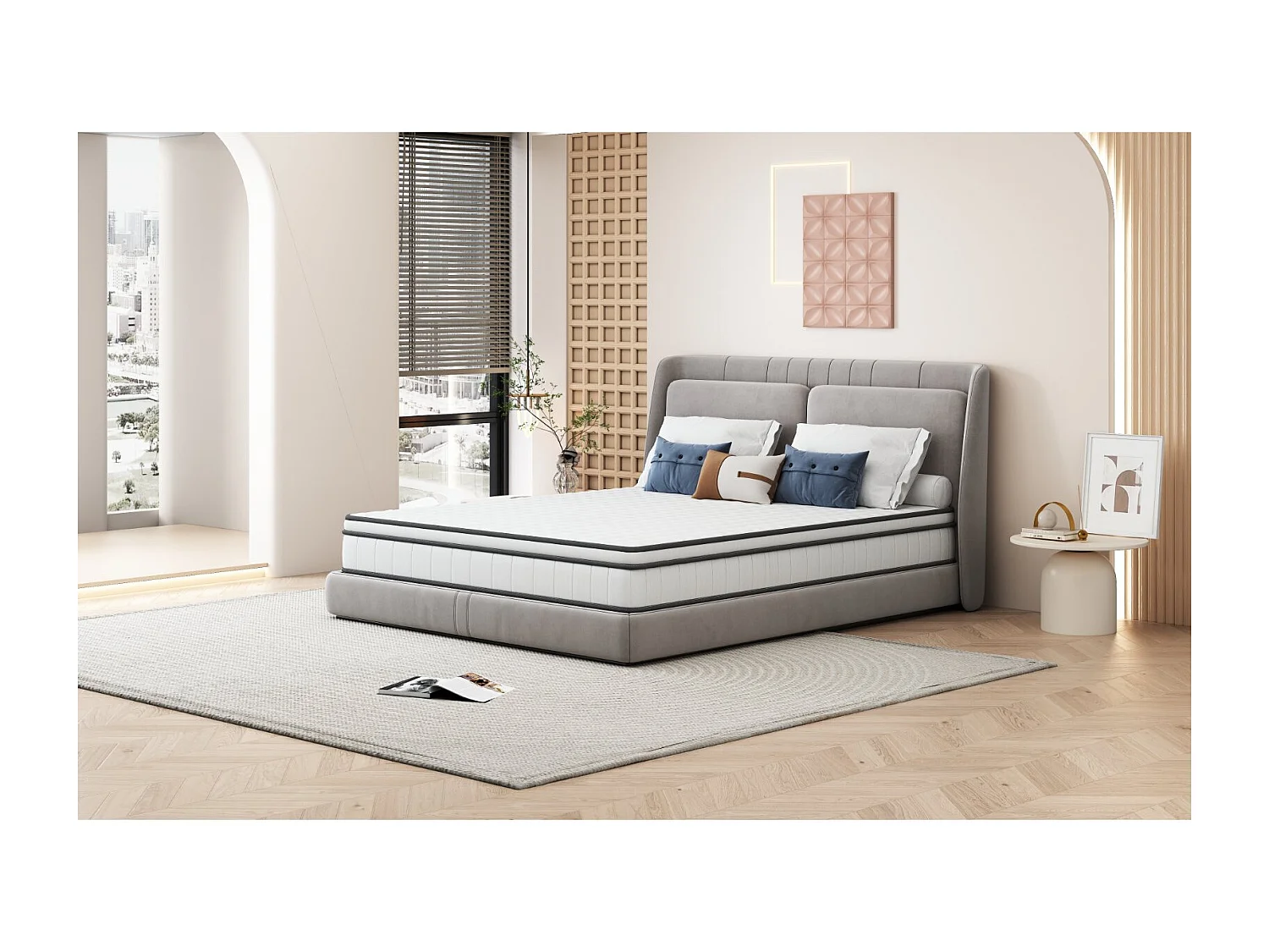 Matelas 2 place 140x200 à ressorts ensachés, 25 cm d’épaisseur, soutien renforcé, blanc et gris