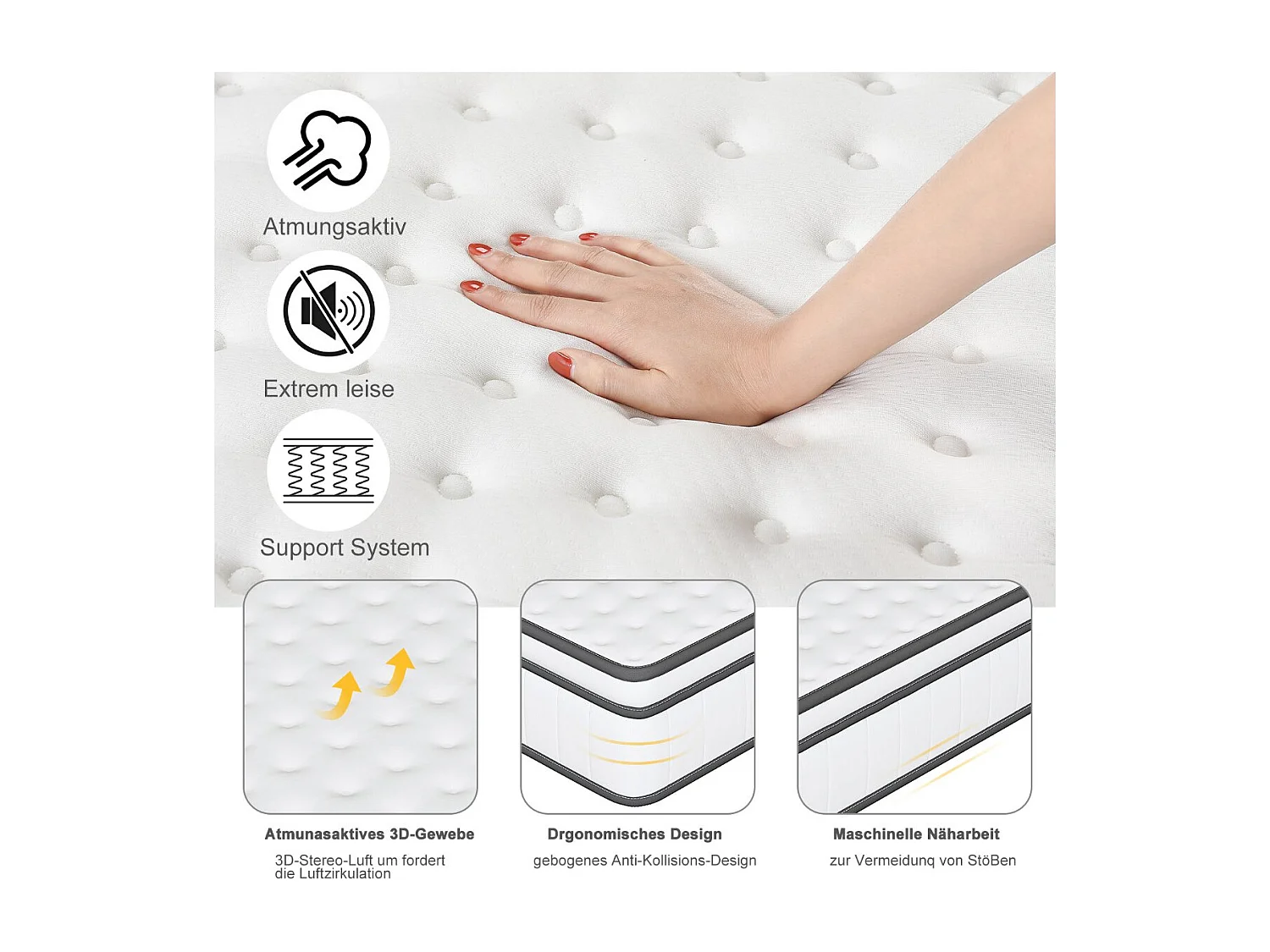 Matelas 2 place 140x200 à ressorts ensachés, 25 cm d’épaisseur, soutien renforcé, blanc et gris
