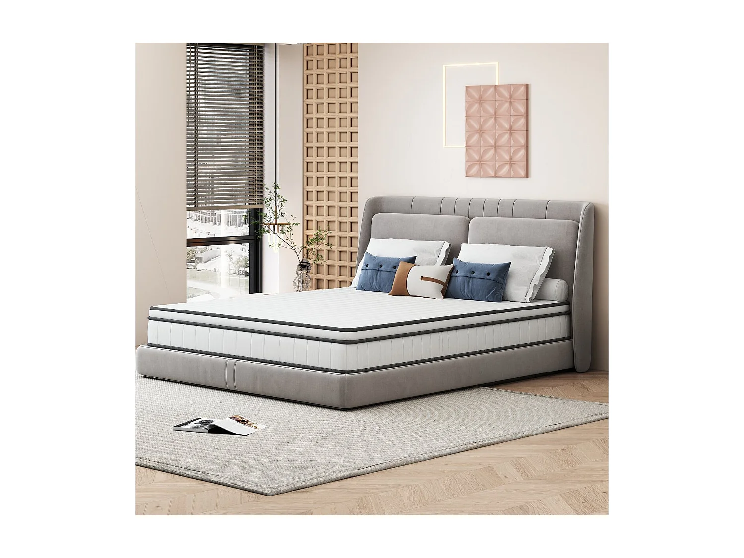 Matelas 1 place 90x200 à ressorts ensachés, 25 cm d’épaisseur, soutien renforcé, blanc et gris