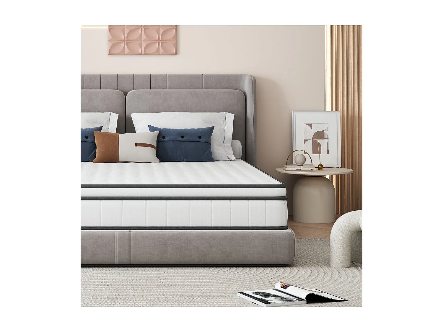 Matelas 1 place 90x200 à ressorts ensachés, 25 cm d’épaisseur, soutien renforcé, blanc et gris
