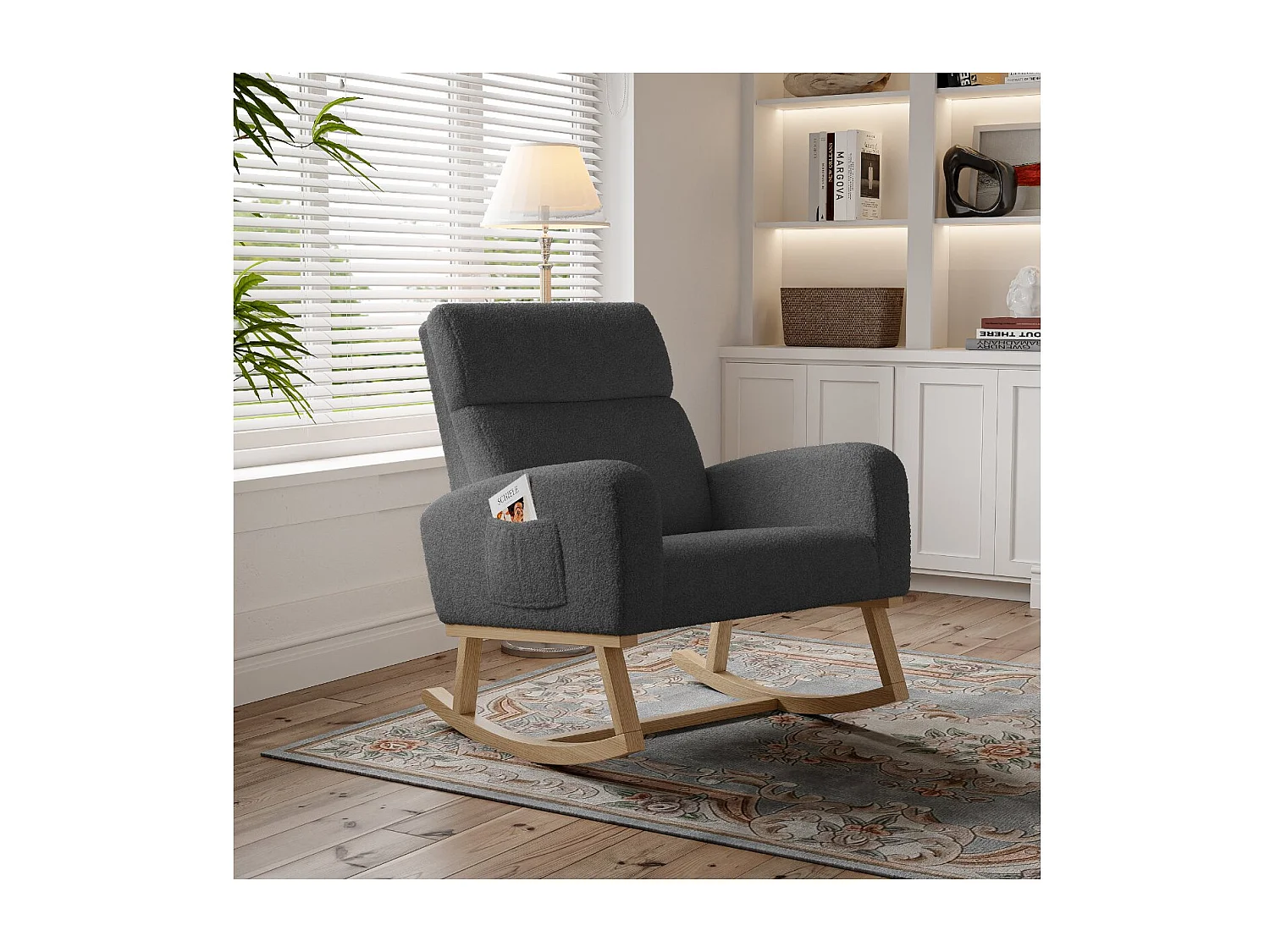 Fauteuil à bascule gris foncé en tissu bouclette, rocking chair rembourré avec poches latérales