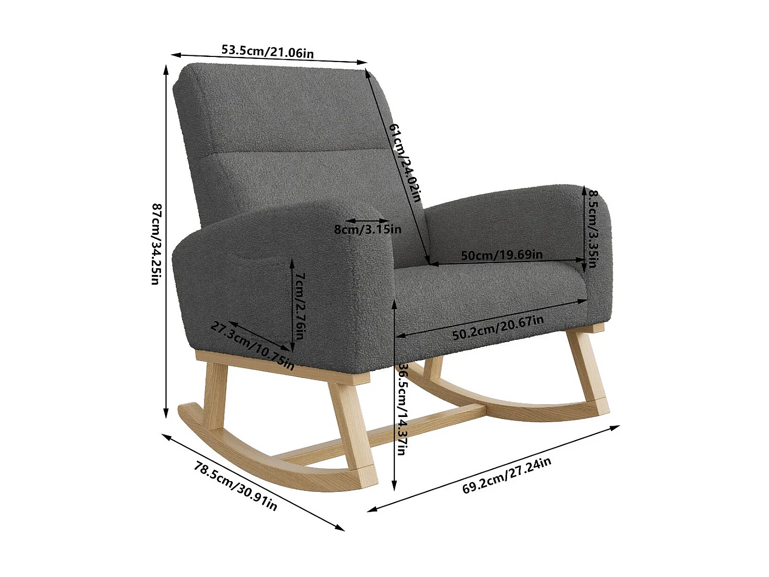 Fauteuil à bascule gris foncé en tissu bouclette, rocking chair rembourré avec poches latérales