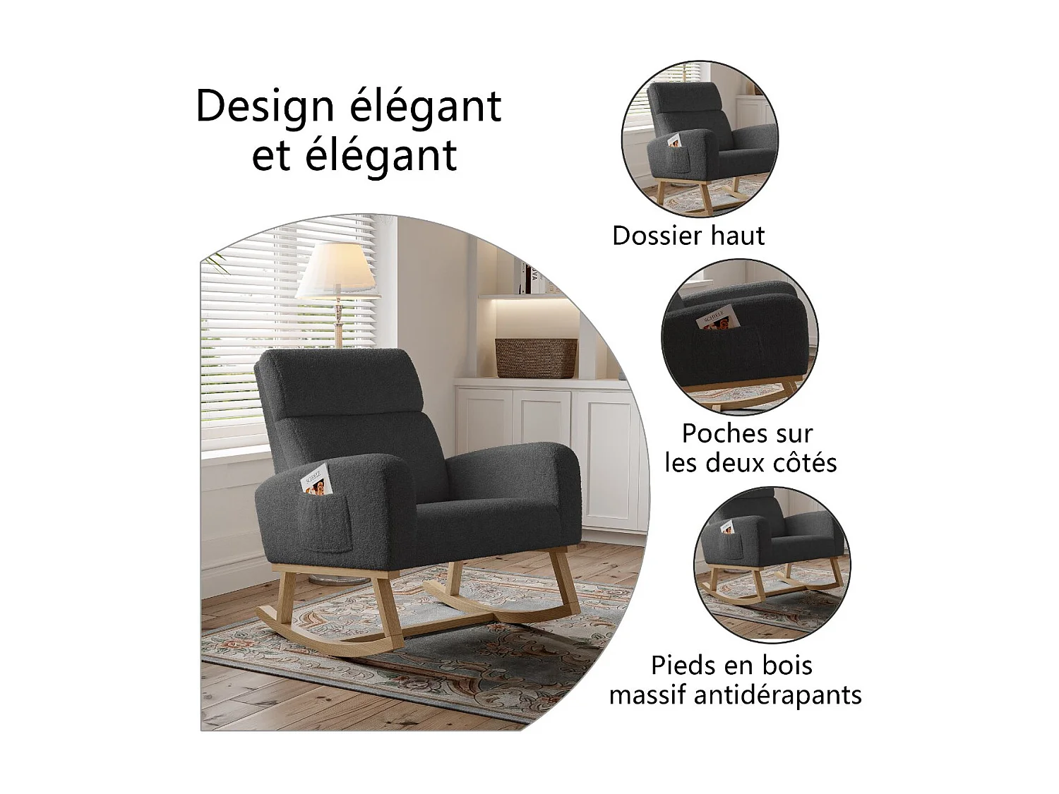 Fauteuil à bascule gris foncé en tissu bouclette, rocking chair rembourré avec poches latérales