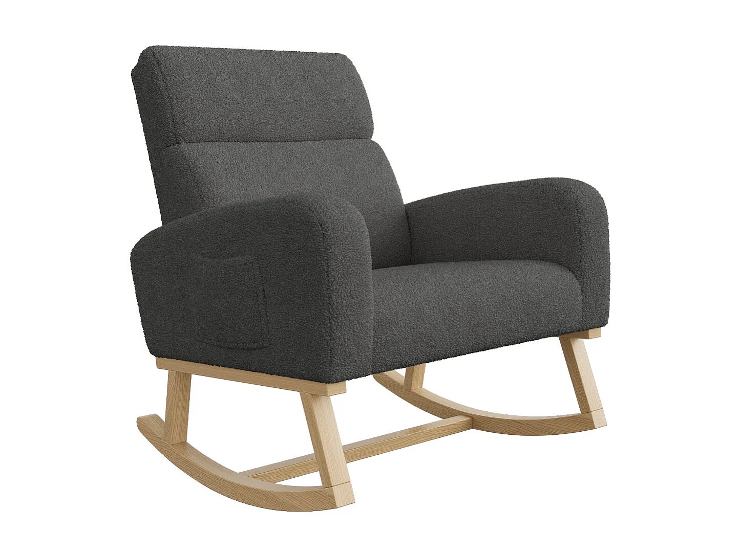 Fauteuil à bascule gris foncé en tissu bouclette, rocking chair rembourré avec poches latérales