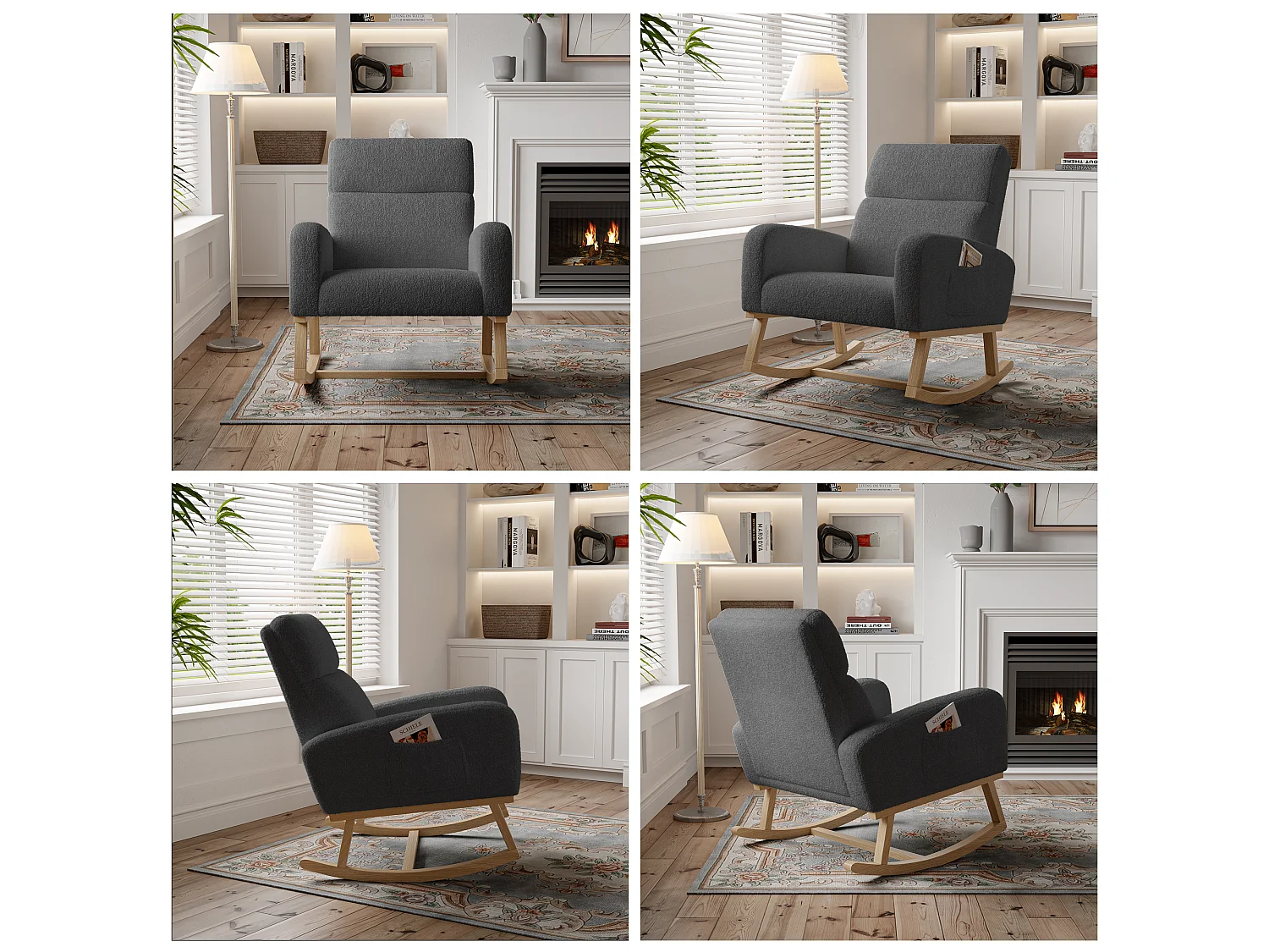 Fauteuil à bascule gris foncé en tissu bouclette, rocking chair rembourré avec poches latérales
