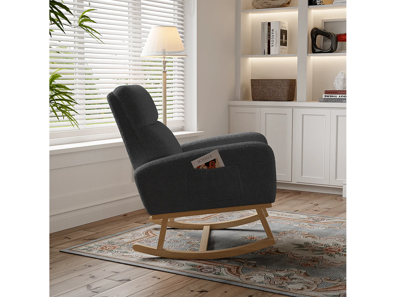 Fauteuil à bascule gris foncé en tissu bouclette, rocking chair rembourré avec poches latérales