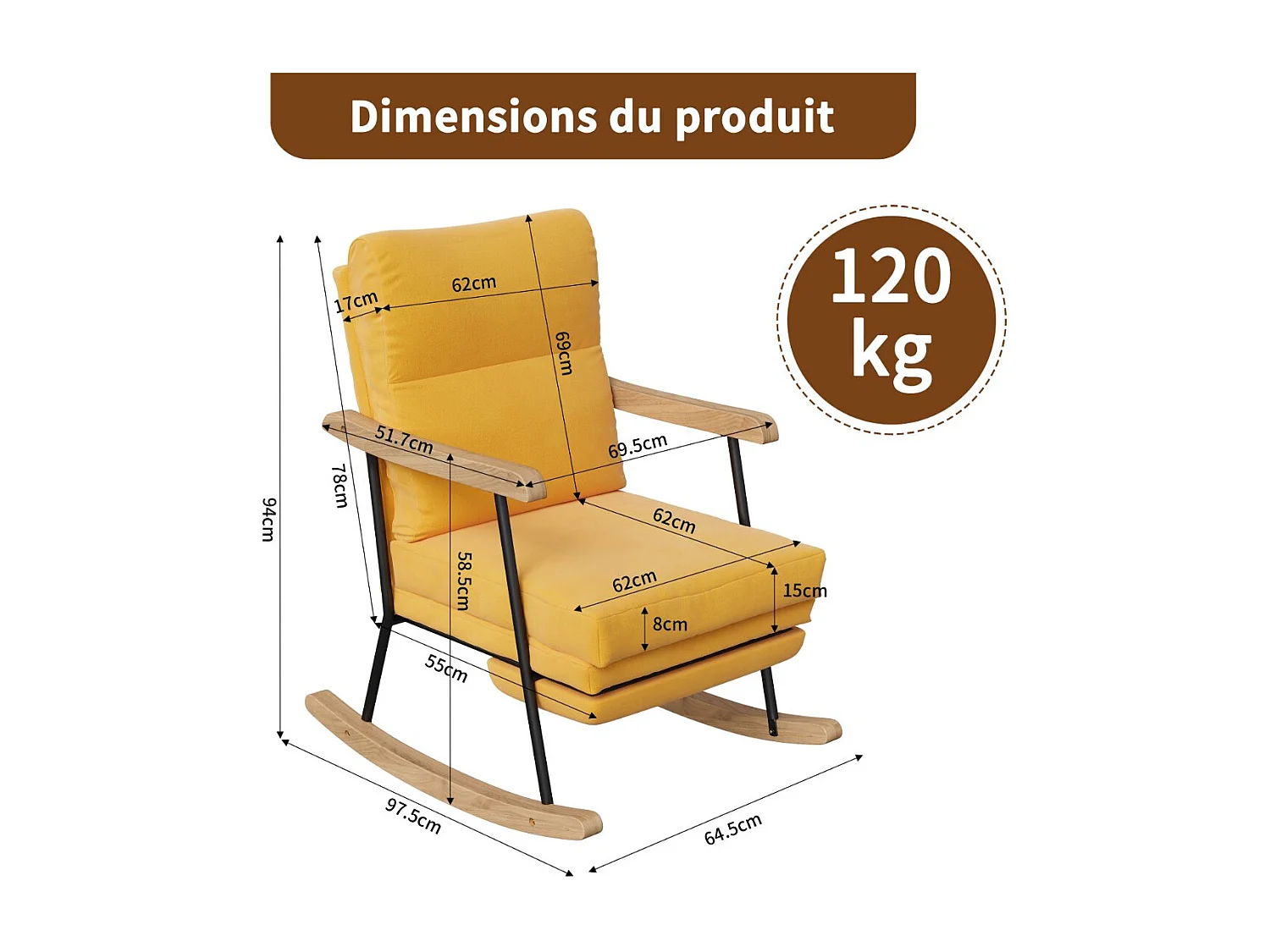 Fauteuil à bascule ergonomique avec repose-pieds, tissu beige en lin mélangé, structure en métal et bois.