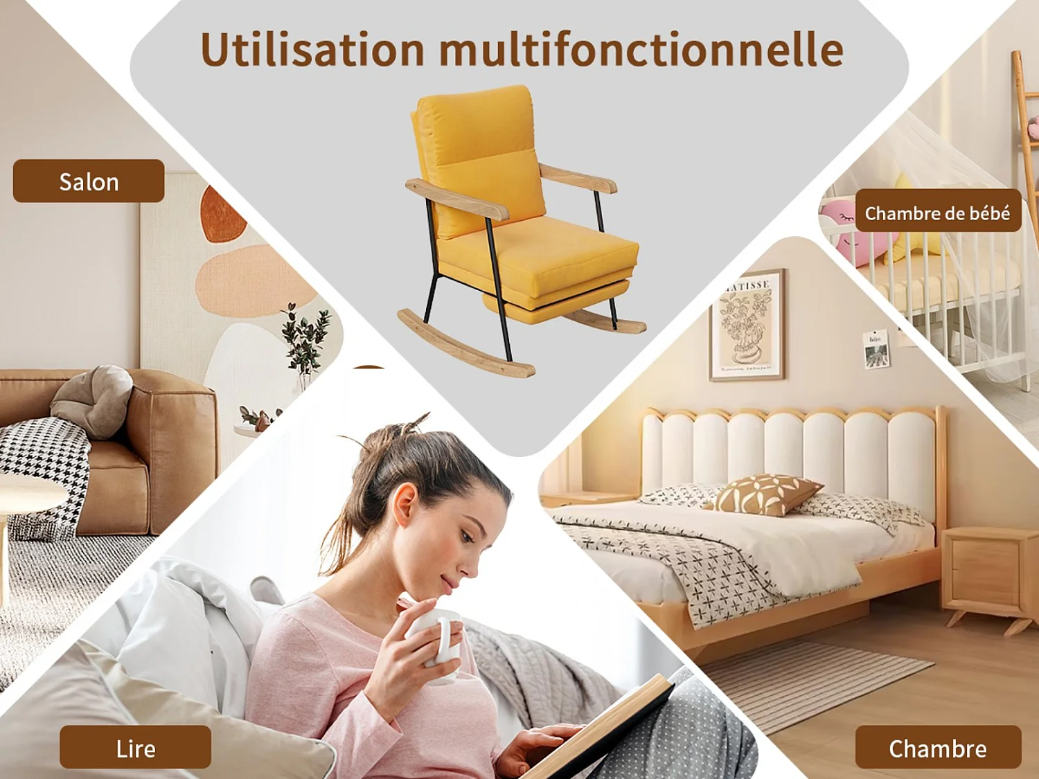 Fauteuil à bascule ergonomique avec repose-pieds, tissu beige en lin mélangé, structure en métal et bois.