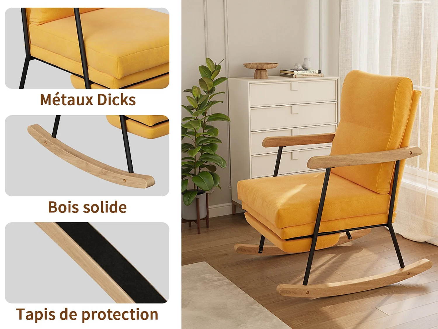 Fauteuil à bascule ergonomique avec repose-pieds, tissu beige en lin mélangé, structure en métal et bois.