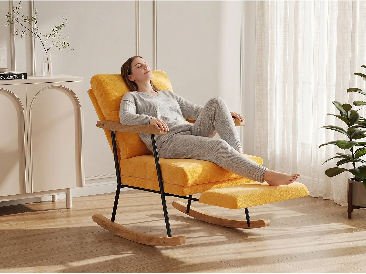 Fauteuil à Bascule Adulte - Chaise à Bascule d'extérieur Ergonomique - pour Salon - Jardin - Chambre - Jaune