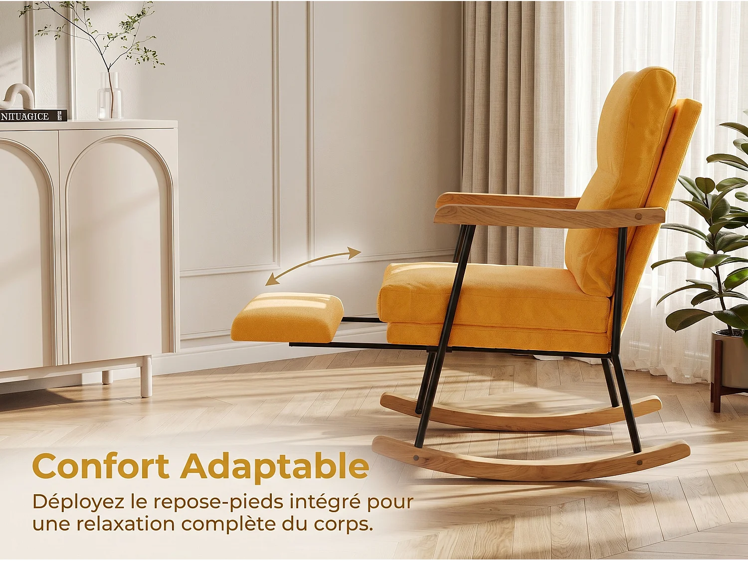 Fauteuil à Bascule Adulte - Chaise à Bascule d'extérieur Ergonomique - pour Salon - Jardin - Chambre - Jaune