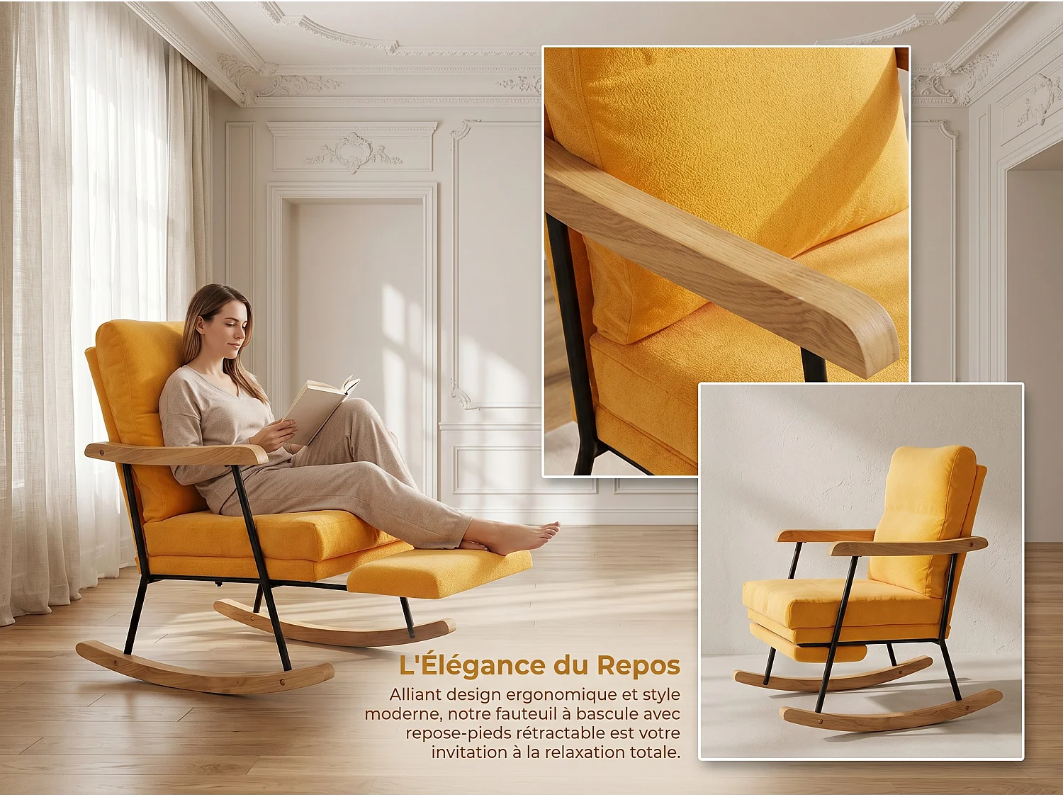 Fauteuil à Bascule Adulte - Chaise à Bascule d'extérieur Ergonomique - pour Salon - Jardin - Chambre - Jaune