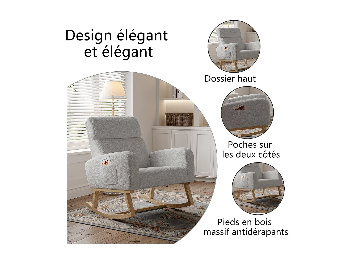 Fauteuil à bascule en tissu bouclette gris clair, fauteuil relax avec poches latérales, assise large confortable