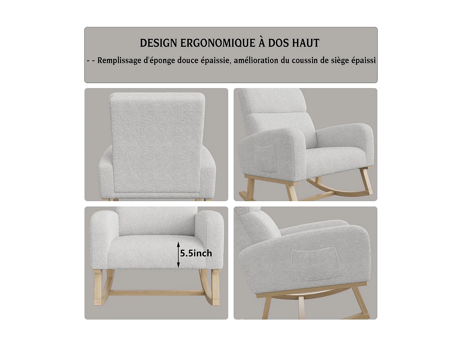 Fauteuil à bascule en tissu bouclette gris clair, fauteuil relax avec poches latérales, assise large confortable