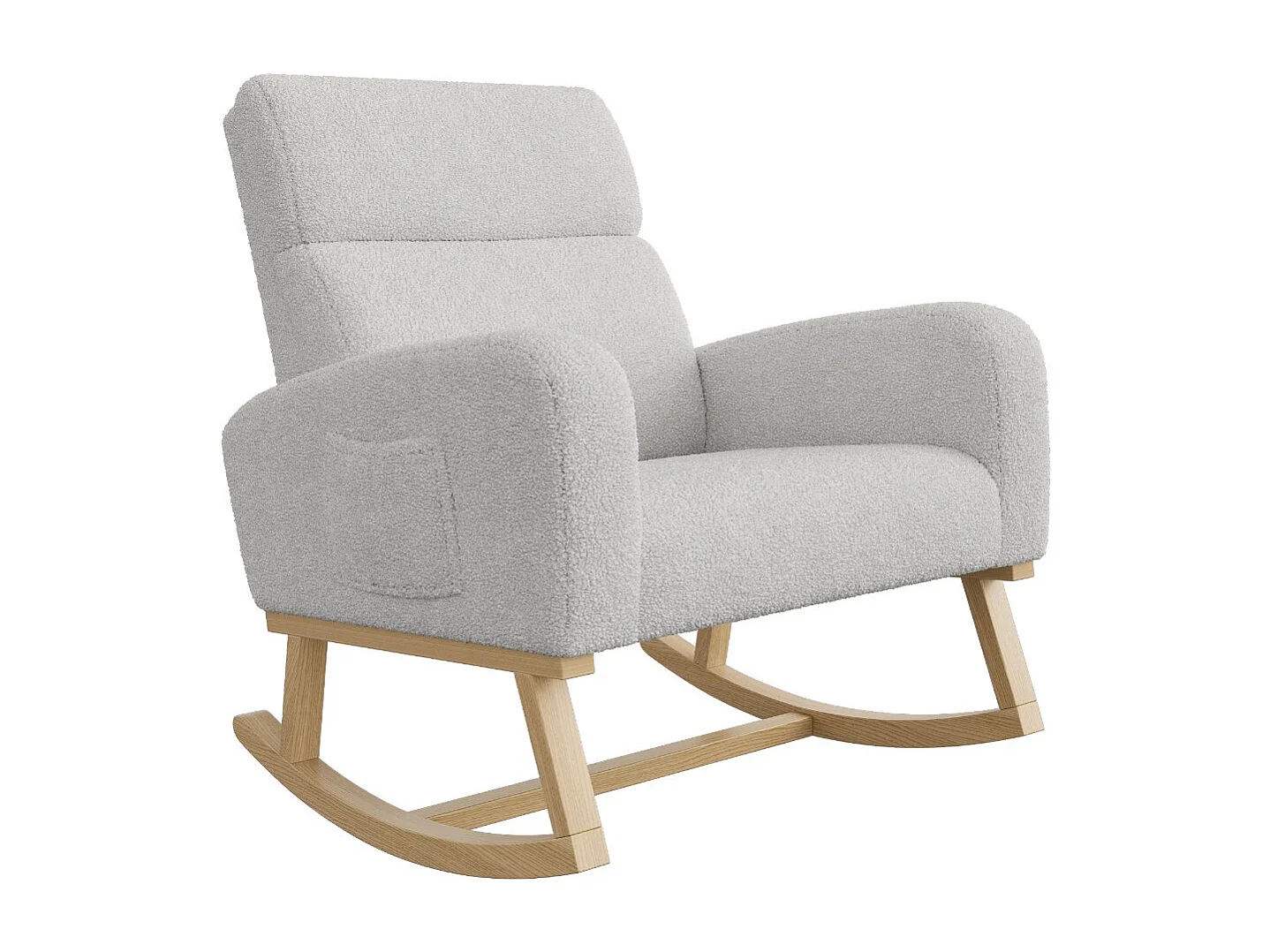 Fauteuil à bascule en tissu bouclette gris clair, fauteuil relax avec poches latérales, assise large confortable