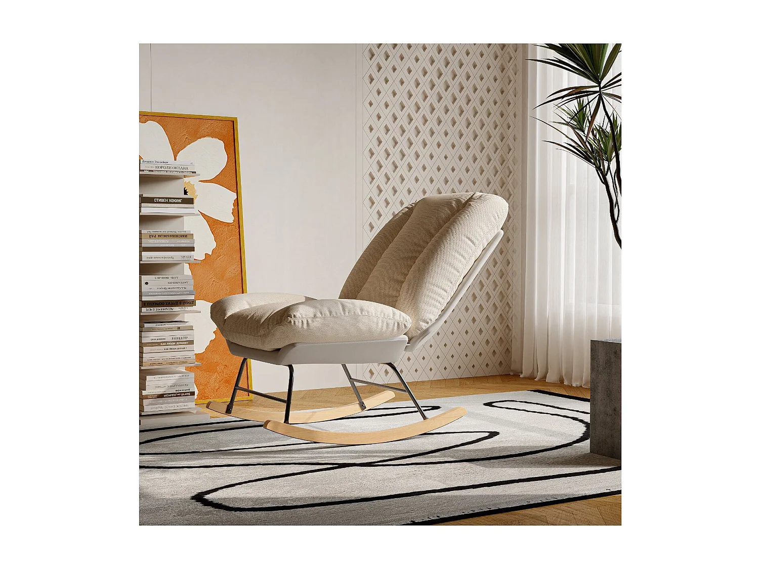 Fauteuil à bascule réglable 5 positions, tissu mixte lin et technologie, coussin fixé, design moderne beige gris
