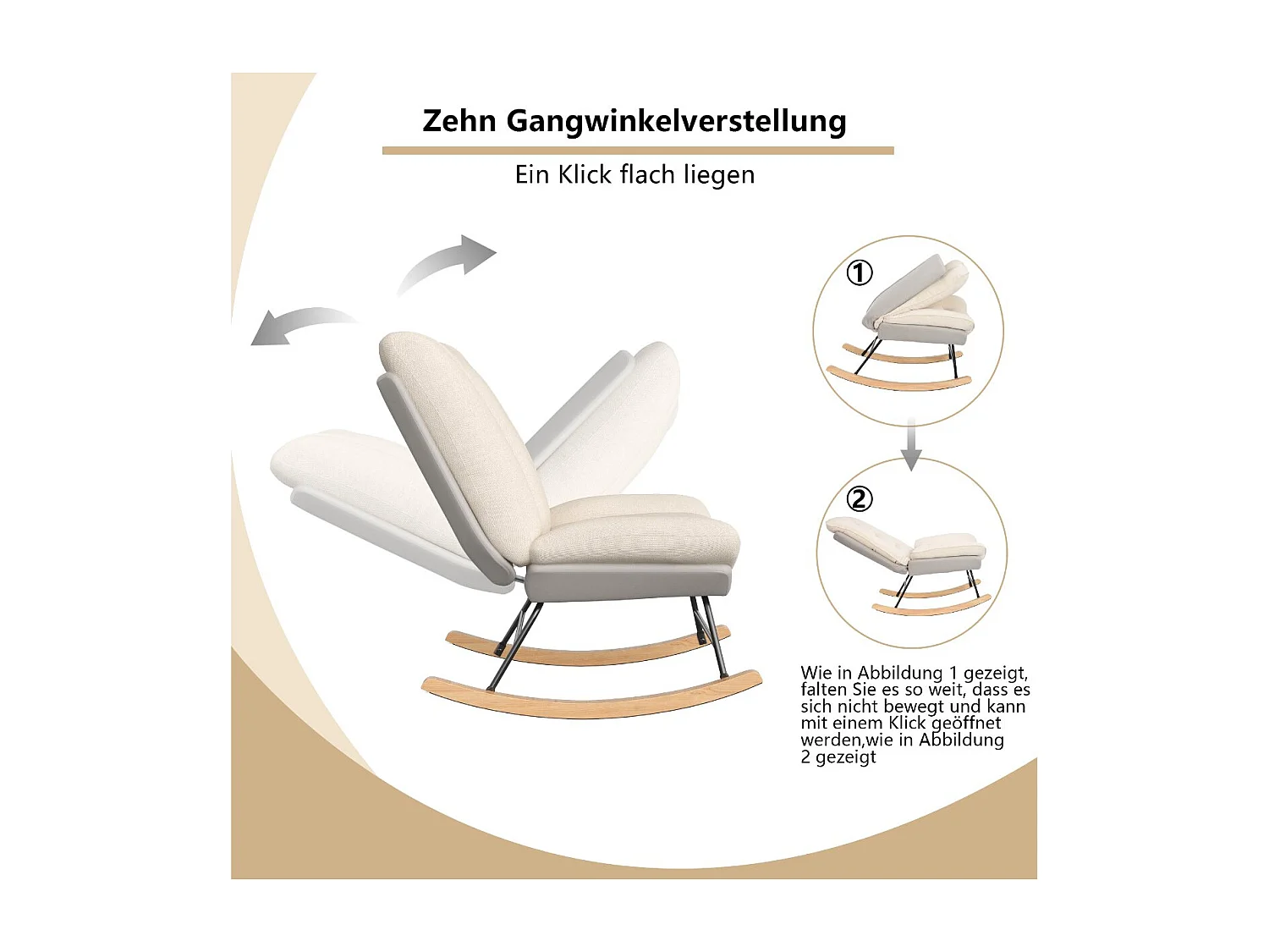 Fauteuil à bascule réglable 5 positions, tissu mixte lin et technologie, coussin fixé, design moderne beige gris