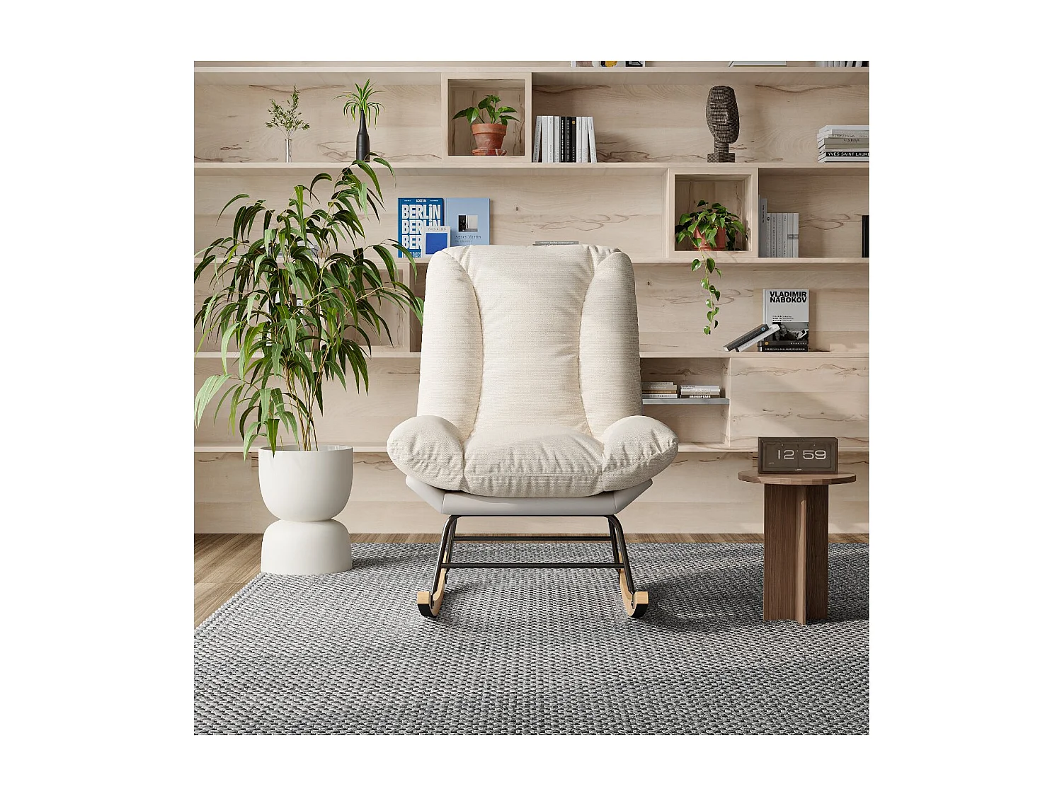 Fauteuil à bascule réglable 5 positions, tissu mixte lin et technologie, coussin fixé, design moderne beige gris
