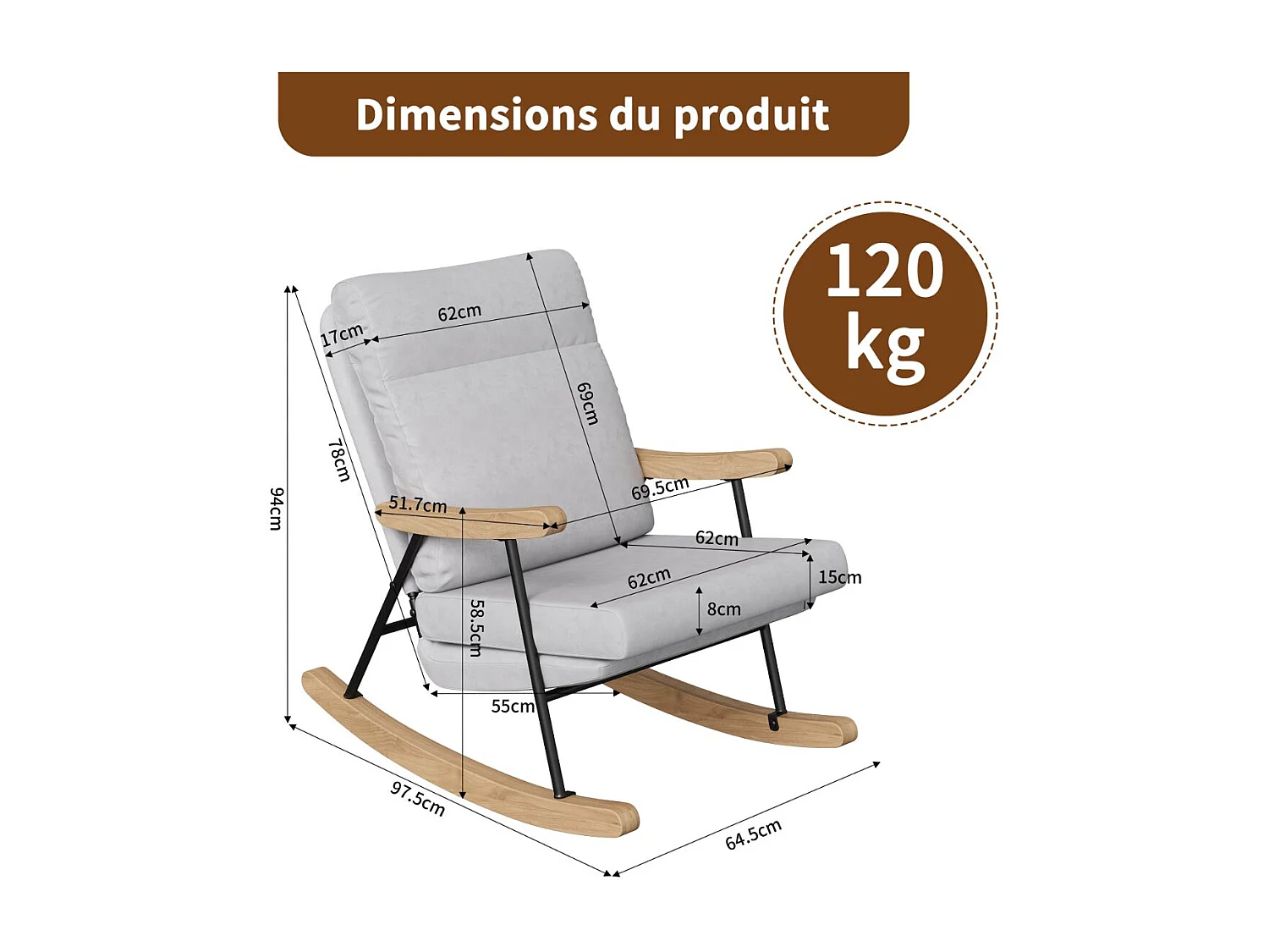 Fauteuil à bascule en tissu lin mélangé gris clair, chaise relax avec accoudoirs bois, structure métal, style scandinave