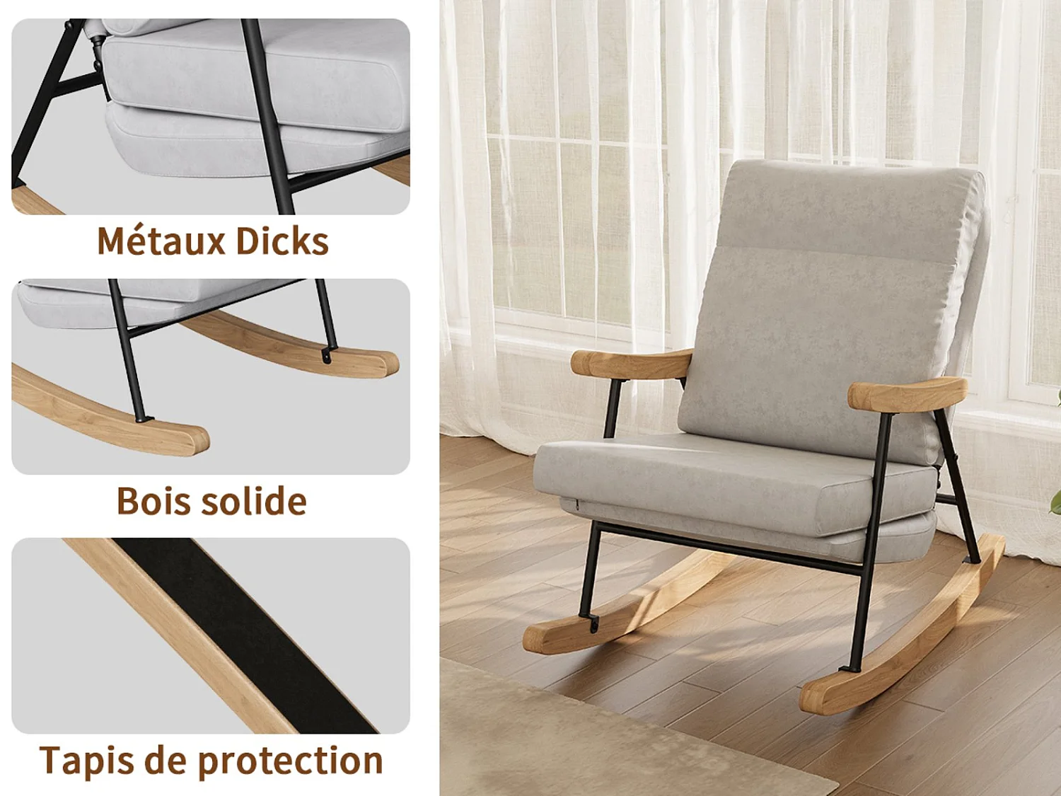 Fauteuil à bascule en tissu lin mélangé gris clair, chaise relax avec accoudoirs bois, structure métal, style scandinave