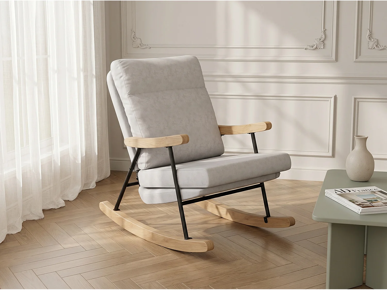 Fauteuil à bascule en tissu lin mélangé gris clair, chaise relax avec accoudoirs bois, structure métal, style scandinave